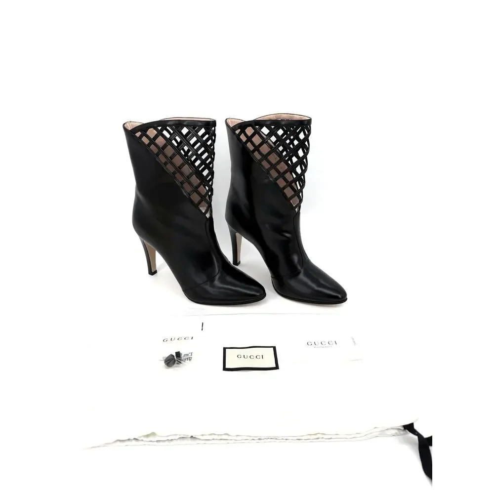 Gucci Lattice Cutout Ankle Boot Women EU 39.5 US 9.5 Black Leather